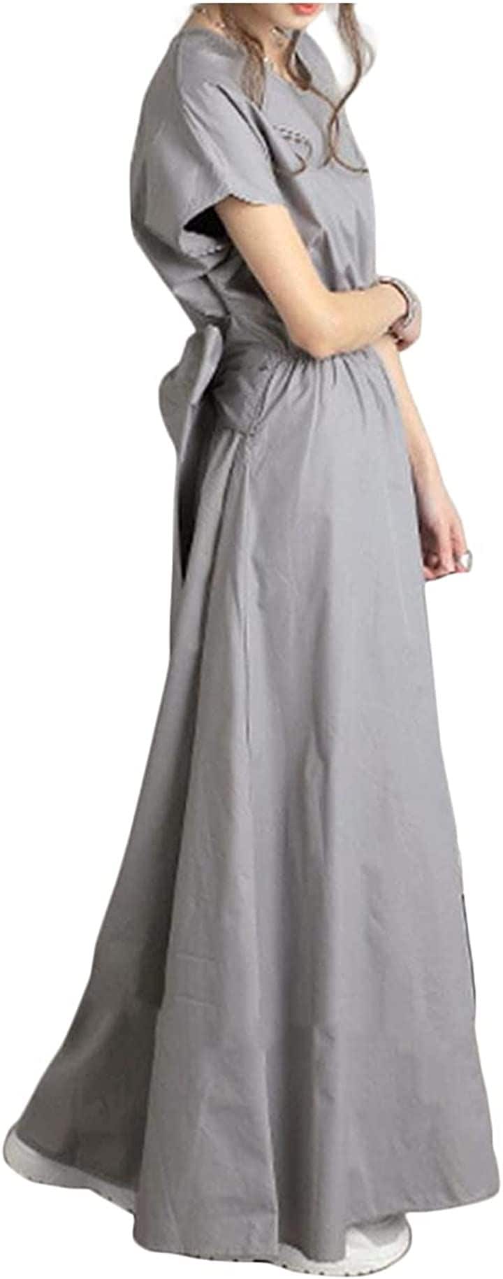 ロングワンピース マキシ丈 大きいサイズ 無地 リボン付き レディース(グレー, L)