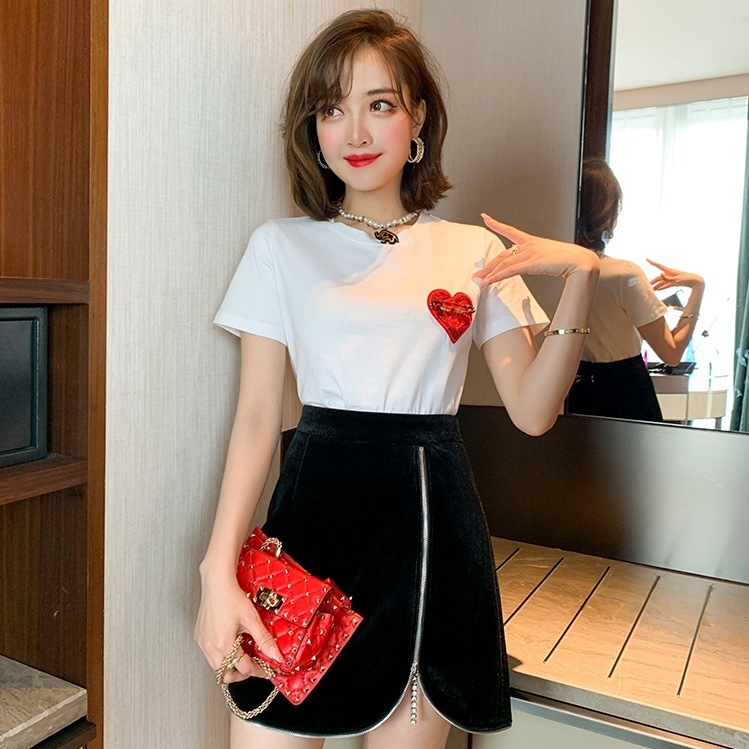 レディース Tシャツ 刺繍 ハート ワンポイント ラウンドネック 春夏 夏春 春 夏 かわいい