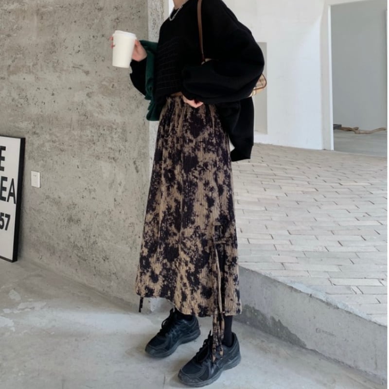 レディース ボトムス プリーツ ロング丈 柄 あったか 暖かい ドロップショルダー ラフ ルーズ