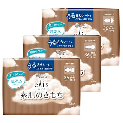 他サイト： エリス 素肌のきもち 超スリム 羽つき 36cm(特に多い夜用)36枚(12枚×3パック)【まとめ買い】の商品画像