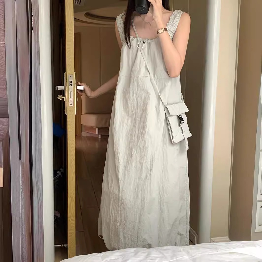 ノースリーブベストロングスカートレディース2024春夏韓国風ゆったりaラインスカート小袋付きバックレスワンピース