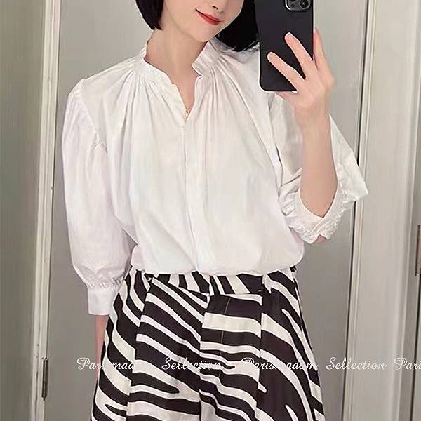 今すぐ欲しい！コットンブラウス　七分袖　スタンドカラー　前開き　パーティー　ホワイト　ボリューム　【クリックポストで】ほっそり効果大通勤20代30代40代50代