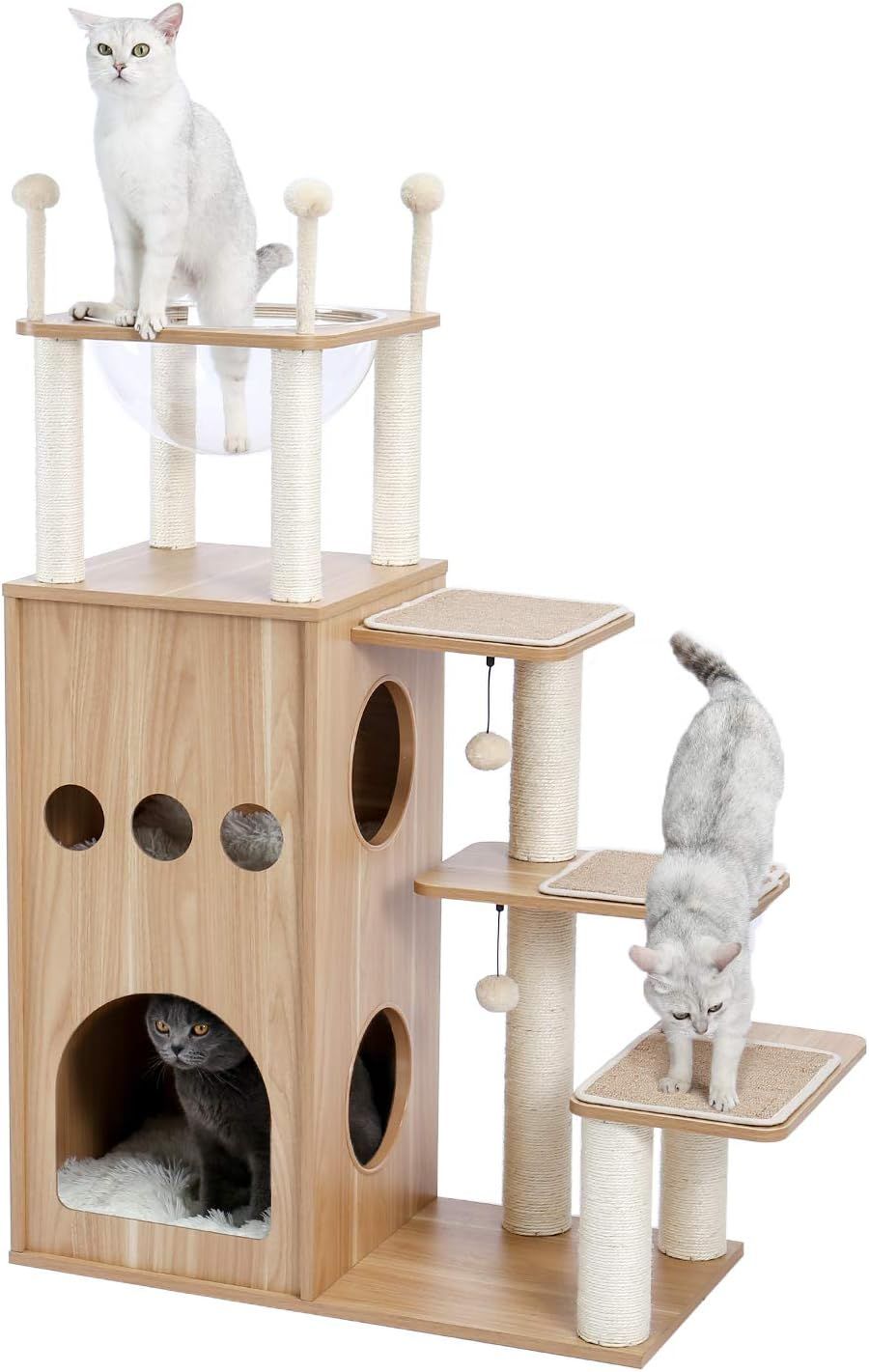 キャットタワー 木製 宇宙船 大型猫 爪研ぎ 爪とぎポール 天然麻紐 据え置き 猫タワー 透明ハンモック 猫ハウス 多頭飼い 運動不足解消 頑丈耐久 お手入れ簡単 中敷クッション付き - ベージュ 1