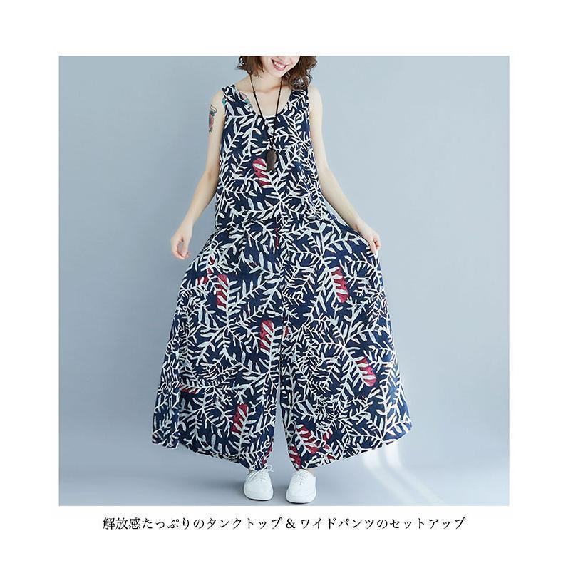 ワイドパンツ 夏 タンクトップ レディース 上下セット ノースリーブ 薄手 コットンリネン リネンパンツ 麻 おしゃれ イージーパンツ