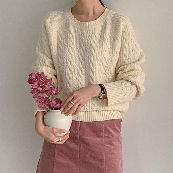 Hスタイル(KN)キャンディ編み込みラウンドニットティー 冬 春 季節の変わり目 女性 ニットティー ラウンドネック セーター ベーシック Tシャツ