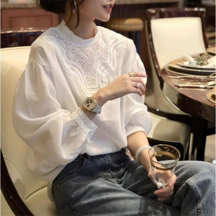 ブラウス レディース きれいめ 40代 春夏秋新作 オシャレブラウス 白レースシャツ 長袖トップス パフスリーブブラウス 大人 通勤 シャツ30代 50代