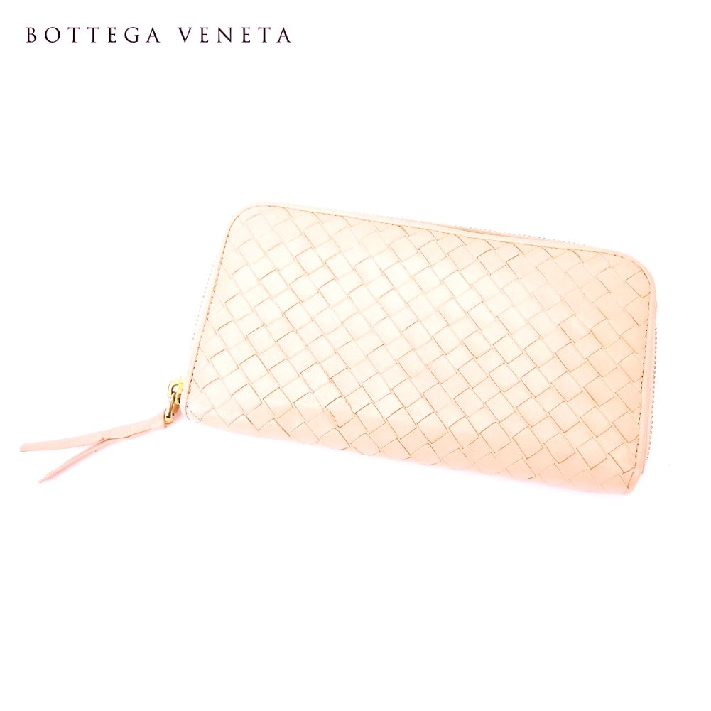 長財布 ラウンドファスナー 財布 イントレチャート ピンク ゴールド 中古