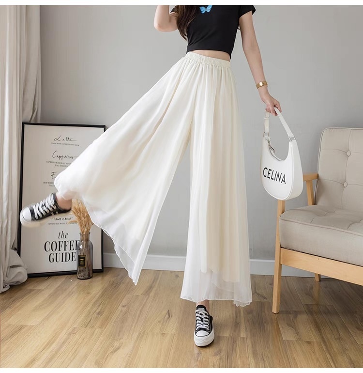 レディース パンツ ボトムス ガウチョパンツ ストレートパンツ ワイド フレア ストレート フェミニン ハイウエスト ウエストゴム 透け感 シースルー かわいい 大人可愛い きれいめ シンプル