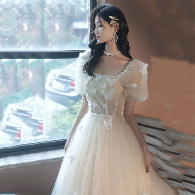 シャンパン ウェディングドレス　Aライン　半袖 ロングドレス ウェディングドレス レース　蝶柄 編み上げタイプ　s～3xl　Wedding Dress　お花嫁　結婚式　旅行撮影演出　レディースウェ 0