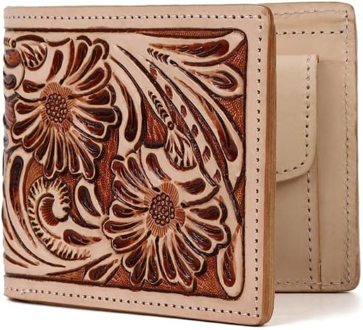 手彫り 本革財布 二つ折り タイ職人のハンドメイドカービング 牛革 レザーウォレット メンズ レディース ギフトBox付き (ブラウン)