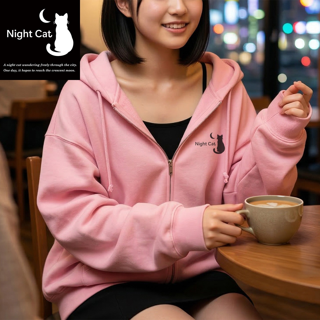 【Night Cat】ロゴ入り フルジップパーカー 10oz 裏パイル (ライトピンク) 猫 ロゴ かわいい カッコいい クール ストリート 韓国 ファッション