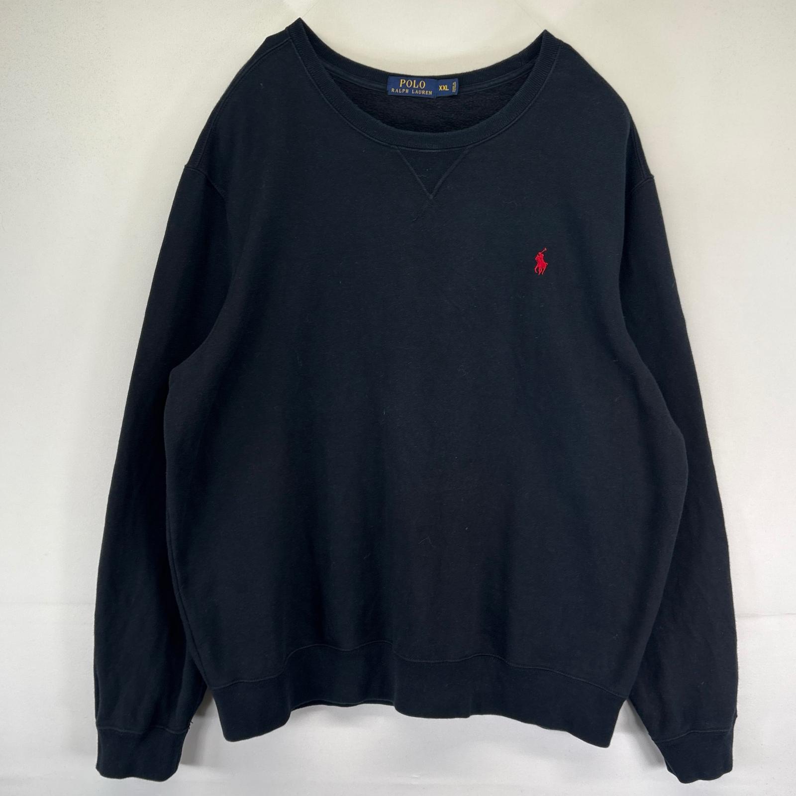 古着 スウェット クルーネック Vネック ワンポイント刺繍ロゴ 2XL ブラック系 メンズ