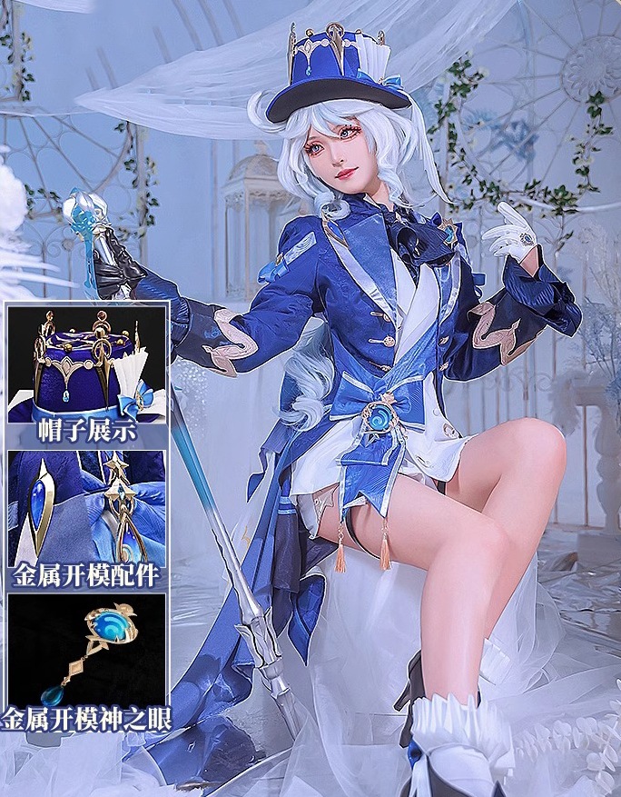 Monenjoy 原神　フリーナ　衆の水の頌歌　帽子付　金属パーツ　ウィッグ　水流転の輝き　戦闘服　スカート　豪華番　可愛い　学園祭　舞台衣装　変装 制服　礼服 コスプレ衣装　服　イベント　ハロウィン