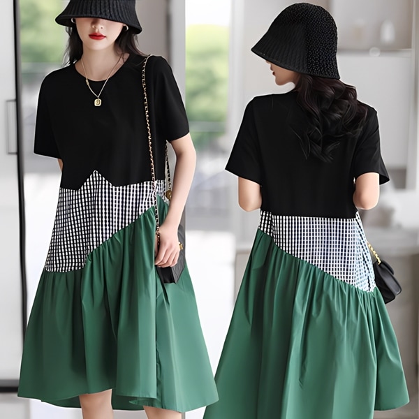 レディース ワンピース フレアスカート チュチュスカート ロングスカート ロング 半袖 ラウンドネック 襟なし ノーカラー セミフレア Aライン シック かわいい 大人可愛い シンプル ステッチ