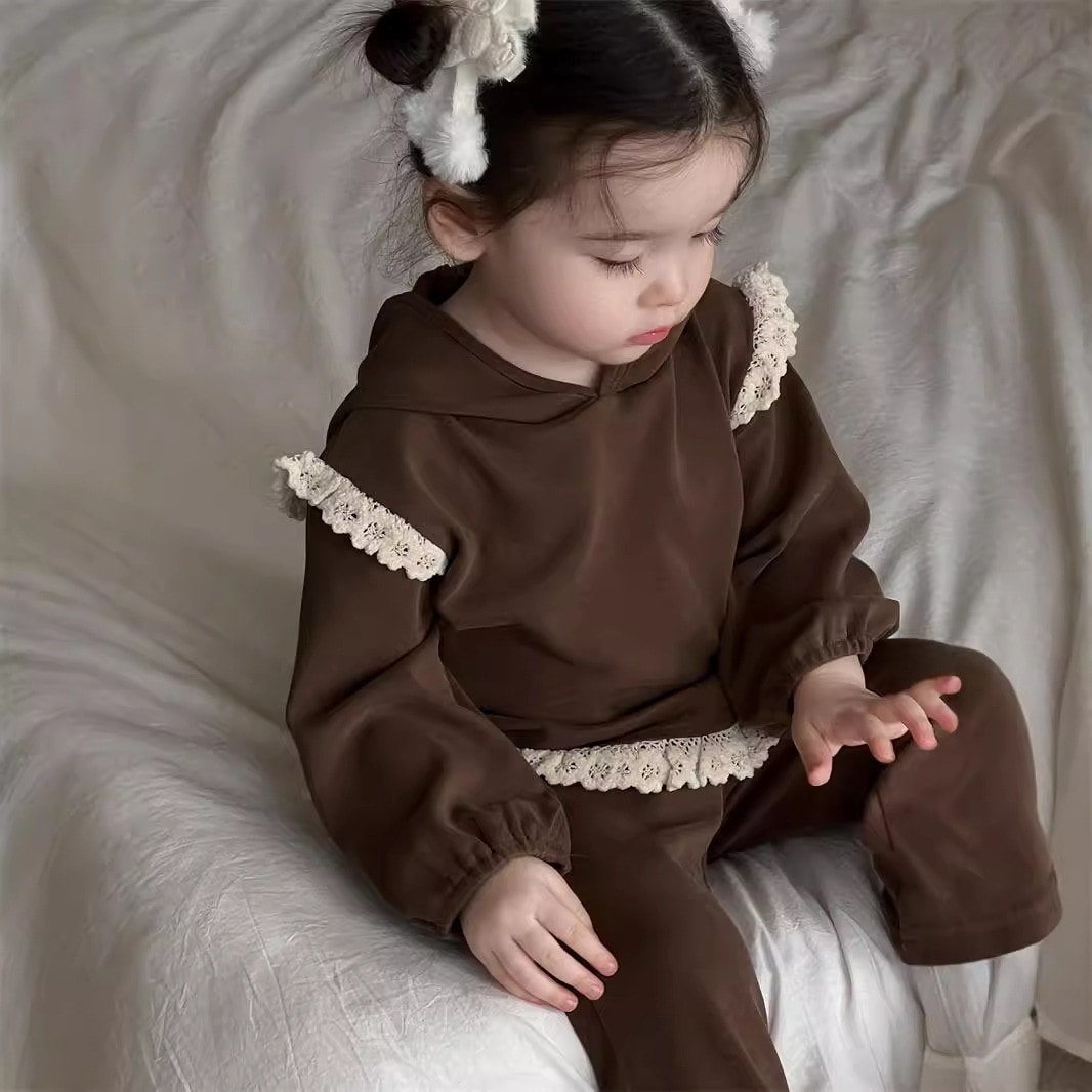 女の子フード付きトレーナーセット秋ベビー服韓国子供服2024秋子供レース2点セット