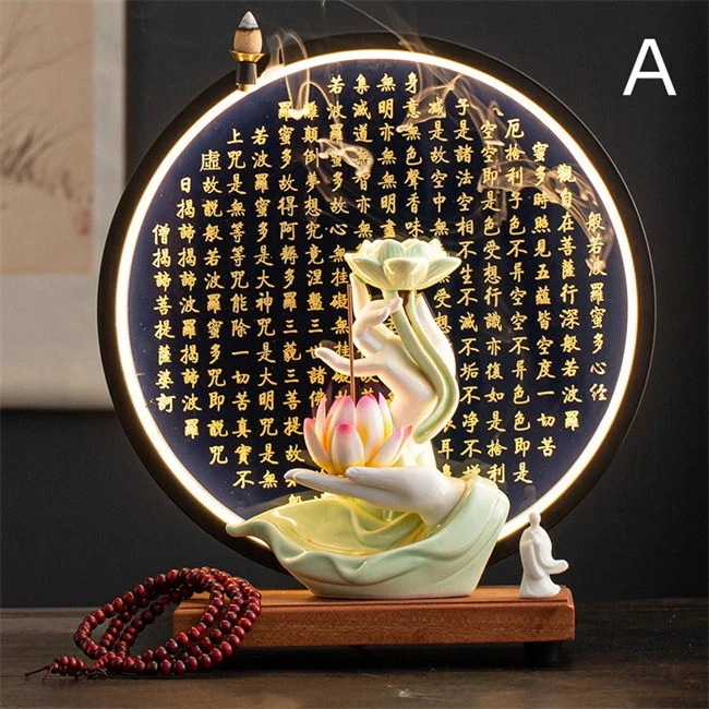 5タイプ展開　心経　中国風　佛手　青瓷　白瓷　蓮の花　LEDライト　台座　倒流香 香炉 お香ホルダー 流川香 香炉用品 セラミック 開運 風水 ドラゴンボール お香立て インテリア 置物 香り