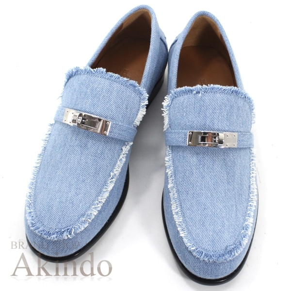 【新品】エルメス HERMES ローファー モカシン デスタン #37 サイズ37 デニム 青 ブルー ケリー金具 ケリーバックル シューズ 靴 レディース プレゼント ギフト