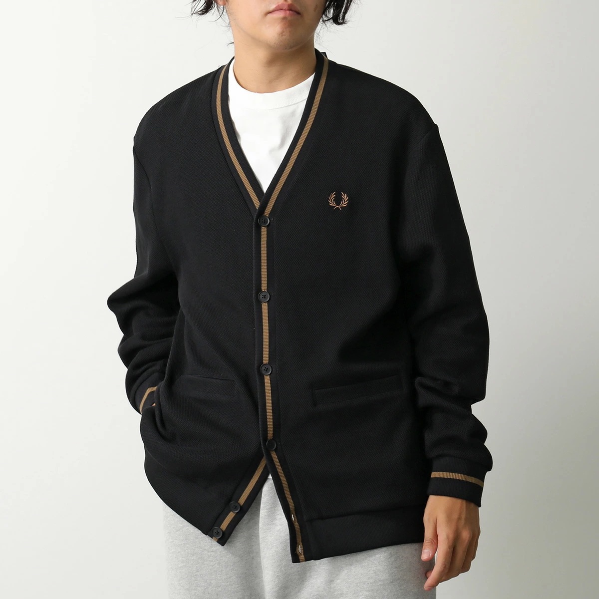 FRED PERRY フレッドペリー カーディガン Tipped Pique Texture Cardigan M2654 メンズ コットン 鹿の子 Vネック 長袖 Q27/BLACK-SHADEDS