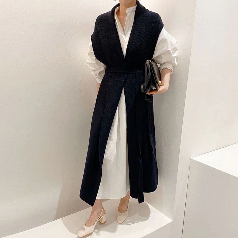 韓国シンプルシャツ式ワンピースvネックバンドウエストの長ニットワンピースセットアップ