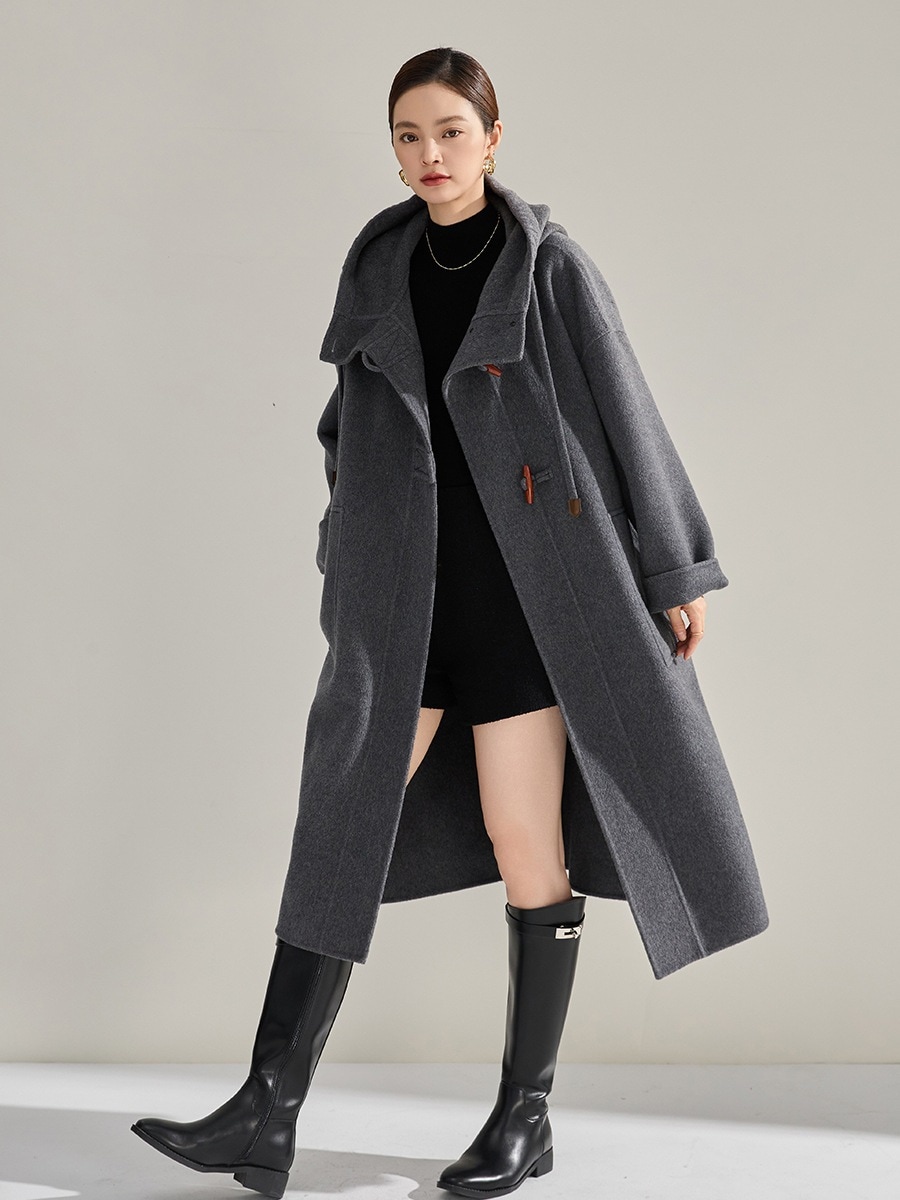 2024新冬韓国版爆型ウールリバーシブルキャップドローロープ牛角ボタンゆったりカジュアルコートロング18256