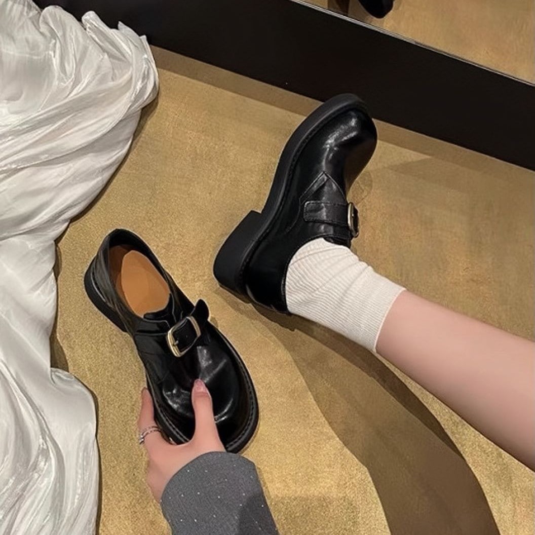 全新牛皮版~皮扣带粗跟乐福鞋女小皮鞋2024新款英伦复古百搭单鞋