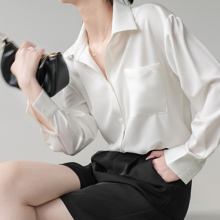 トップス シャツ ブラウス 白シャツ 白トップス 袖あり 長袖 襟付き スリム 細身 ストレート スマート ポケット かわいい 大人可愛い きれいめ シンプル 大人 上品 おしゃれ お洒落 かっこいい