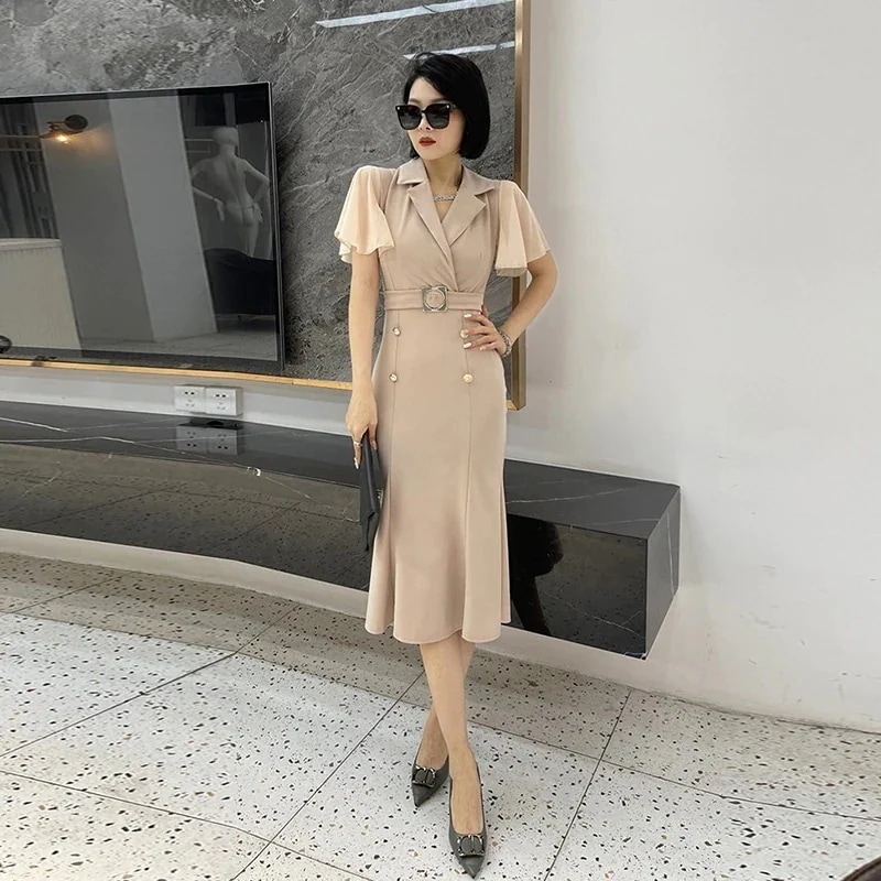 夏の女性の気質とファッションの女神ファン L プロのステッチ シフォン半袖ウエスト スリム フィッシュテール バッグ ヒップ ドレス