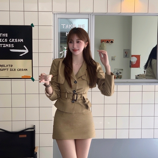 [ 背の低い女のおすすめ დ ジャケット+シャツ+スカート] ウェイ トレンチ ツーピース セットアップ スカート ブラウス お呼ばれスタイル デートスタイル