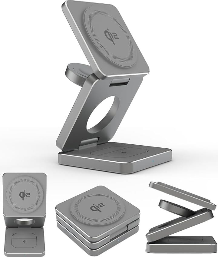 MagCharger 3in1 MagSafe対応のワイヤレス充電機 Qi2認証済 iPhone/Apple Watch/AirPodsなど同時に3つのデバイスを高速充電(グレー)