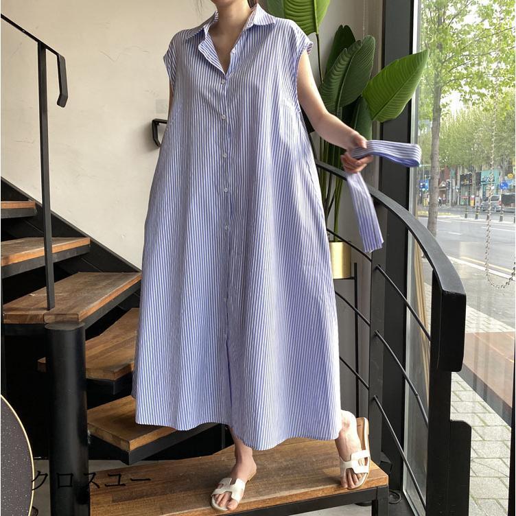 ワンピース レディース マキシワンピース 夏 半袖 vネック シャツワンピ 韓国風 ロング丈 着痩せ オシャレ ノースリーブ リボン シャツロング ストライプ