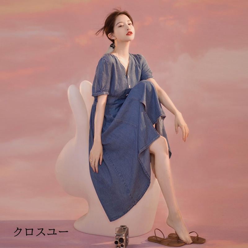 デニムワンピース ワンピース レディース 夏 春 半袖 Aライン ロング丈 膝丈 デニム ワンピース 大きいサイズ 体型カバー カジュアル