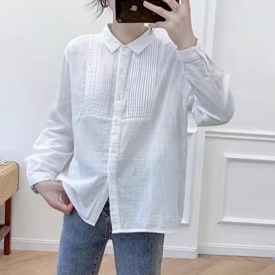 トップス シャツ ブラウス 袖あり 長袖 Vネック 襟付き プリーツ かわいい 大人可愛い きれいめ シンプル 大人 上品 おしゃれ お洒落 かっこいい こなれ感 ラフ ルーズ 抜け感 無地 春 秋