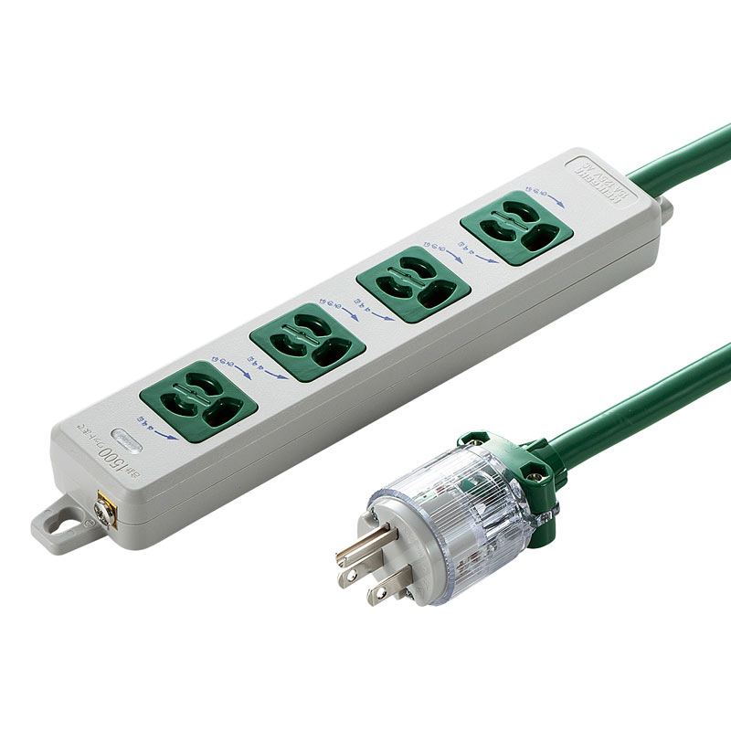 医用接地プラグ付き電源タップ 3P 4個口 グリーン 1m TAP-HPM4-1G