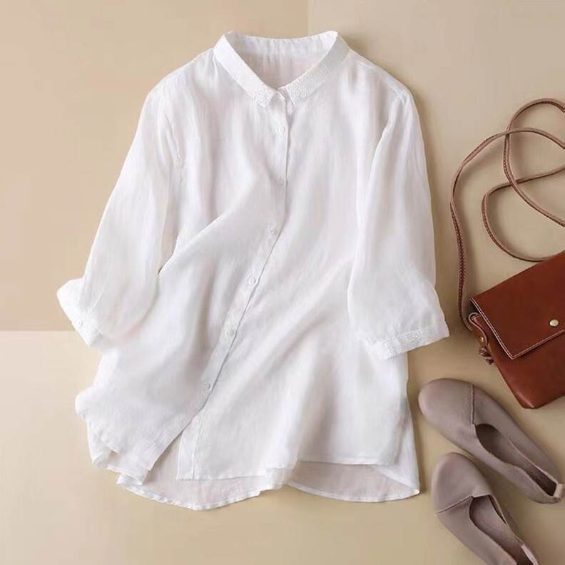 トップス シャツ 白シャツ チュニック 袖あり 半袖 5分袖 襟付き ワイド 前開き 麻 リネン 薄手 かわいい きれいめ シンプル カジュアル 大人 上品 かっこいい 大人可愛い 大人女子