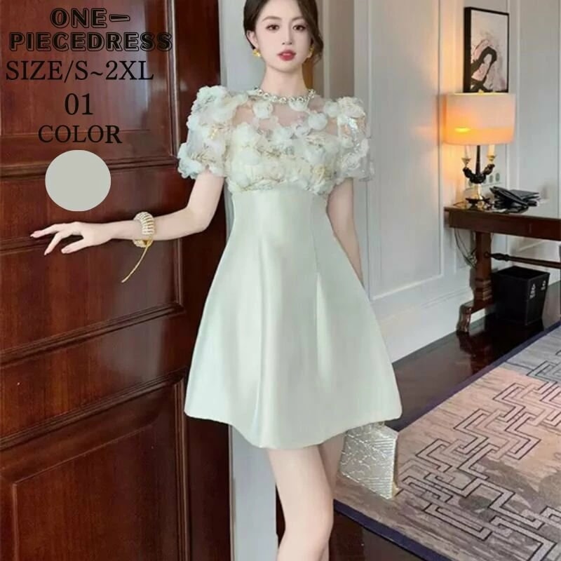 ワンピスドレス　Aラインワンピース　パーティードレス　ミニ丈ワンピース　フラワーモチーフ付き　フォーマルドレス　ビーズ付き　半袖　姫系　セクシー上品 大人 きれいめ キャバ嬢　お水　結婚式 20代 3