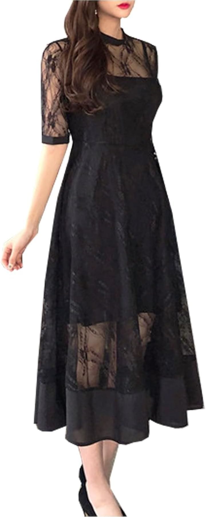 総レース パーティードレス リボン ハイウエスト フレア aライン ミモレ丈 結婚式 披露宴 二次会 ワンピースドレス 上品 黒 韓国 インナー付き ティアード(ブラック, L) 4,662円