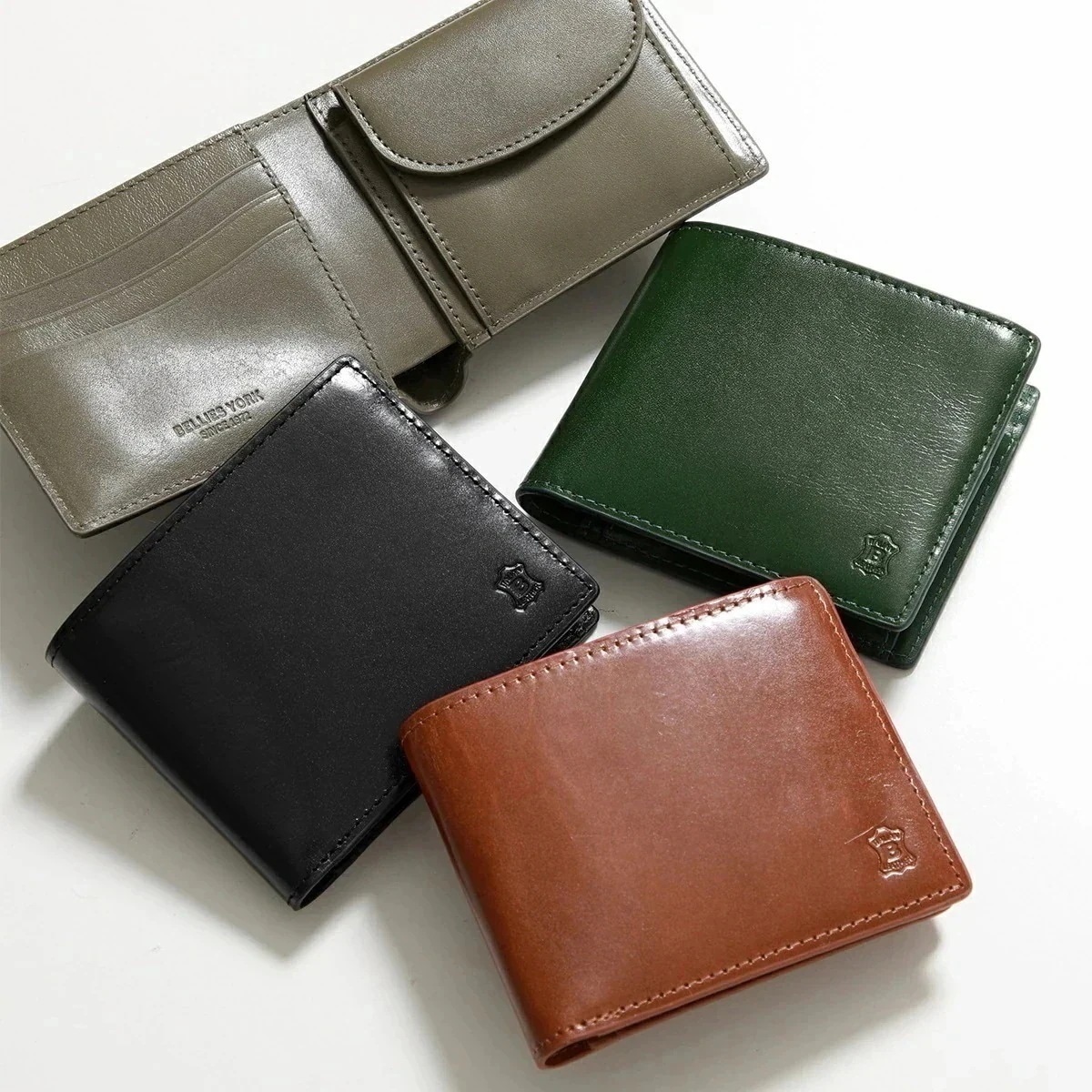 BELLIES YORK ベリーズヨーク 二つ折り財布 BYHL9827 メンズ イタリアンレザー ロゴ ミニ財布 小銭入れあり カラー4色