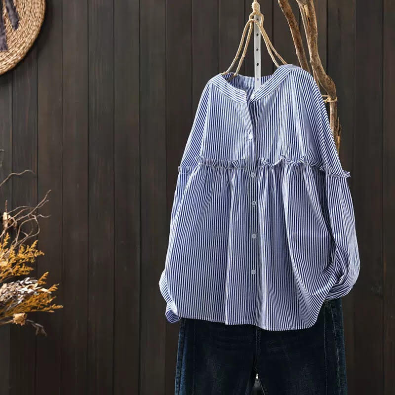 レディース トップス シャツ ベビードールシャツ 長袖 スタンドカラー フリル ボタン 前開き ストライプ ドット柄 薄手 ルーズ きれいめ 上品 おしゃれ お洒落 大人可愛い かっこいい 大人女子 6,142円