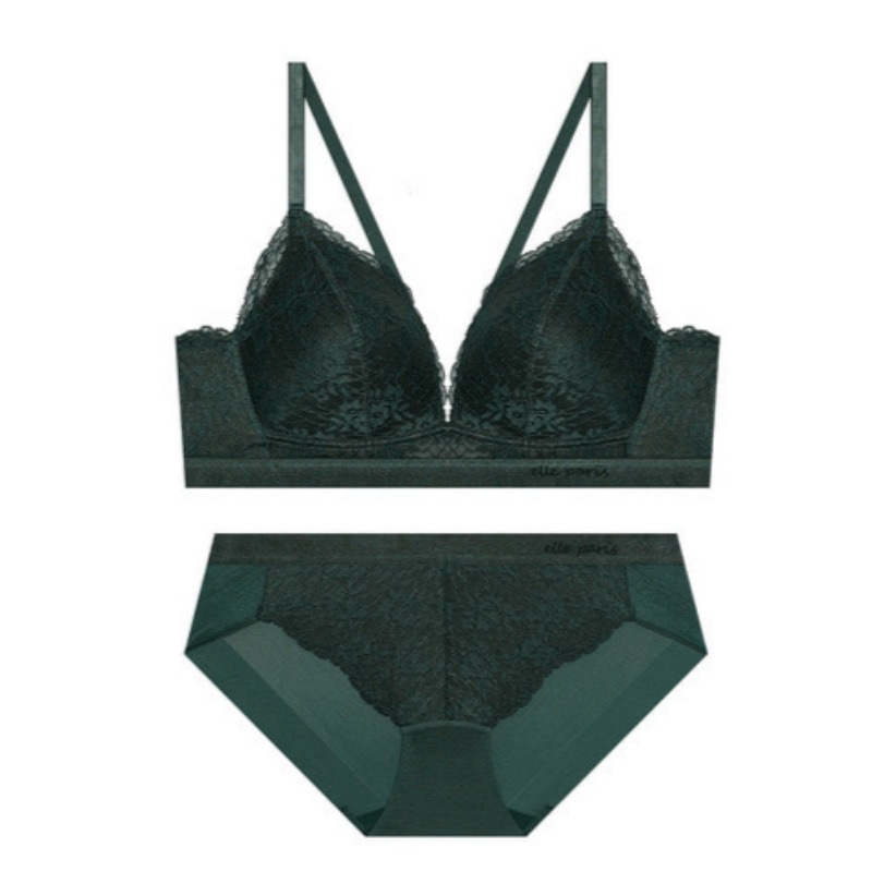 ソフトフィット ノーワイヤ レース ブラ パンツ セット - ダークグリーン 75A 90
