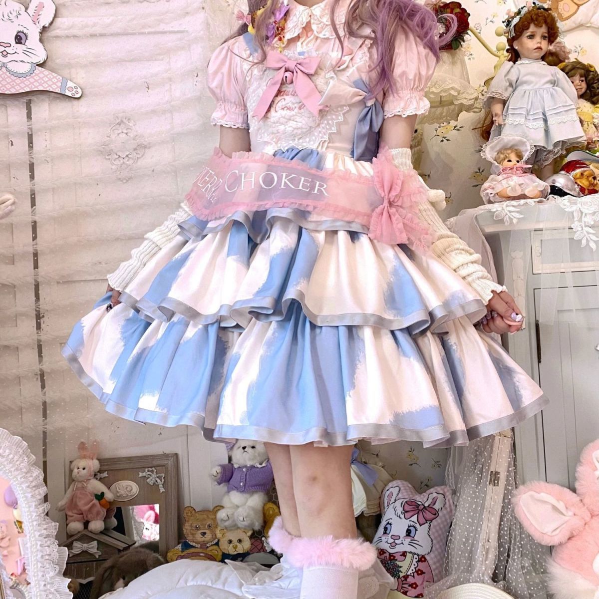 完全な本物の牛プリントプリントベビーミルフォイルロリータドレス三部かわいいロリータ百と