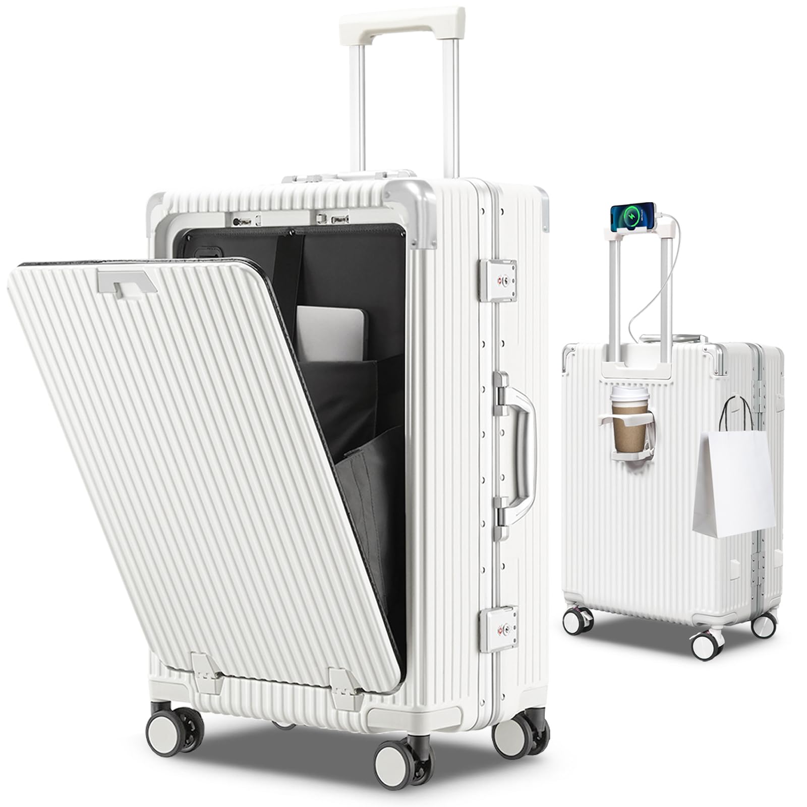 [HAIKUSOUBI] スーツケース キャリーケース アルミフレームタイプ 多機能 白 USBポート付き キャリーバッグ カップホルダー付き フック機能 スマートフォンスタンド付き TSAロック 充