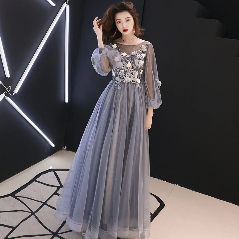 バンケットドレス2025夏凛々しく上品なロングスリム長袖音大生美術試験ドレス