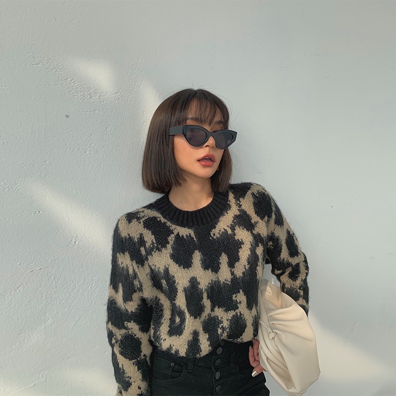 【数量限定】ヒョウ柄ショート長袖セーター ニット セーター フォーリンスタイル トップス 秋冬 スリム レオパード柄 a3240