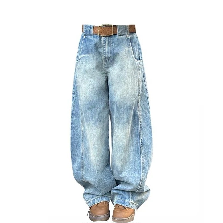 ルーズロング丈 ストリート系ファッション風シルエット加工ゆったりレディース デニムパンツ ビッグポケット 2025秋冬 ジーンズ パッチワークフルレングステッチ入りスボトムス ハイウエスト 韓国っぽ