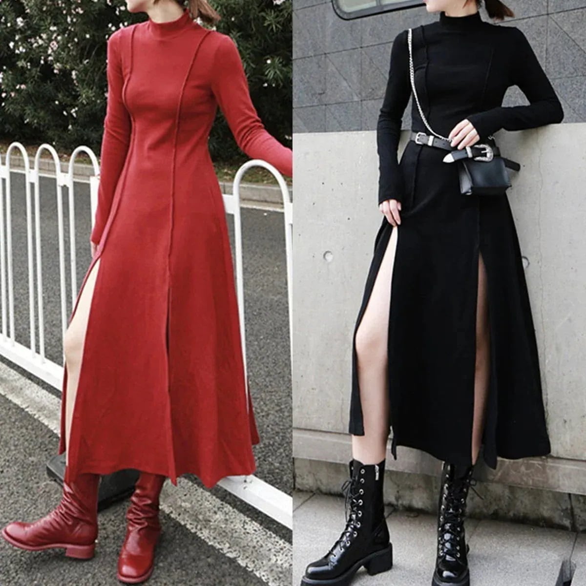 【J.Fashion】 春 ハイ スリット裾 ワンピース スリム 綿 ロングワンピ ドレス メガ割