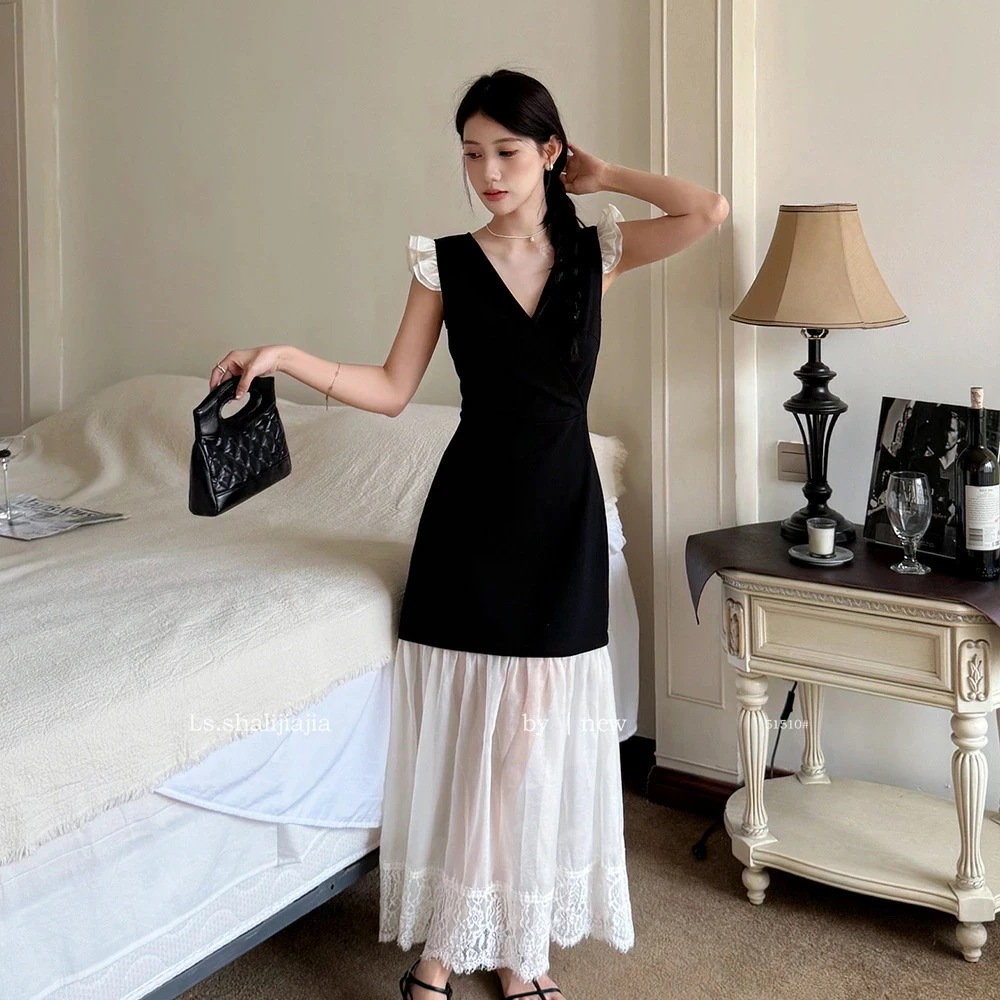 イブニングドレス 異素材 ロングドレス 切り替えワンピース パーティードレス オケージョンドレス 黒 おしゃれ Vネック フリル袖 結婚式 発表会 お呼ばれ 成人式 同窓会 韓国