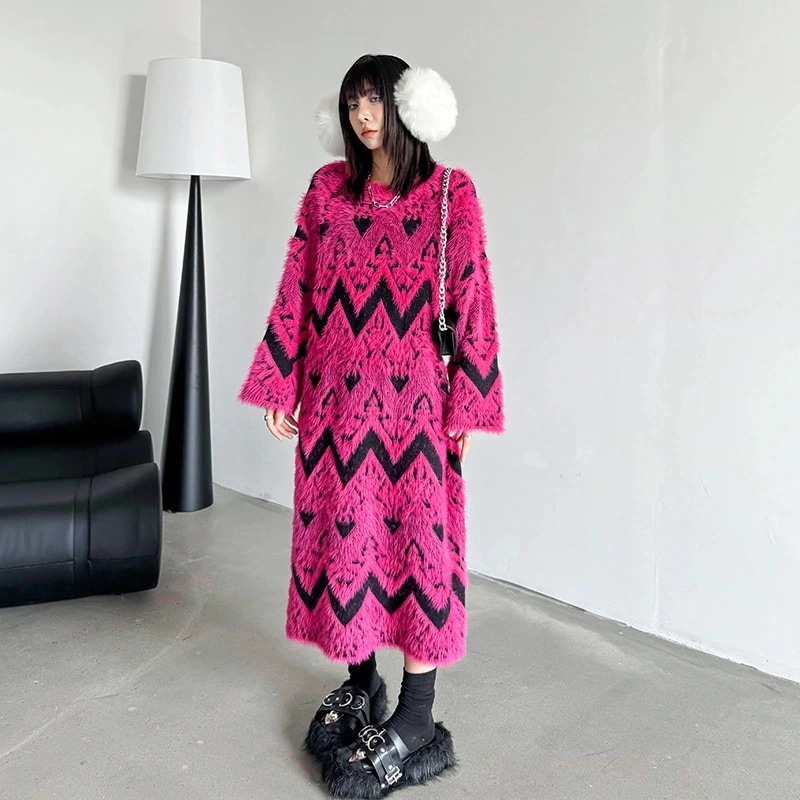 ローズピンク レディース おしゃれ メガ割 【J.Fashion】 ニットワンピース ロングニット 関連商品購入可能