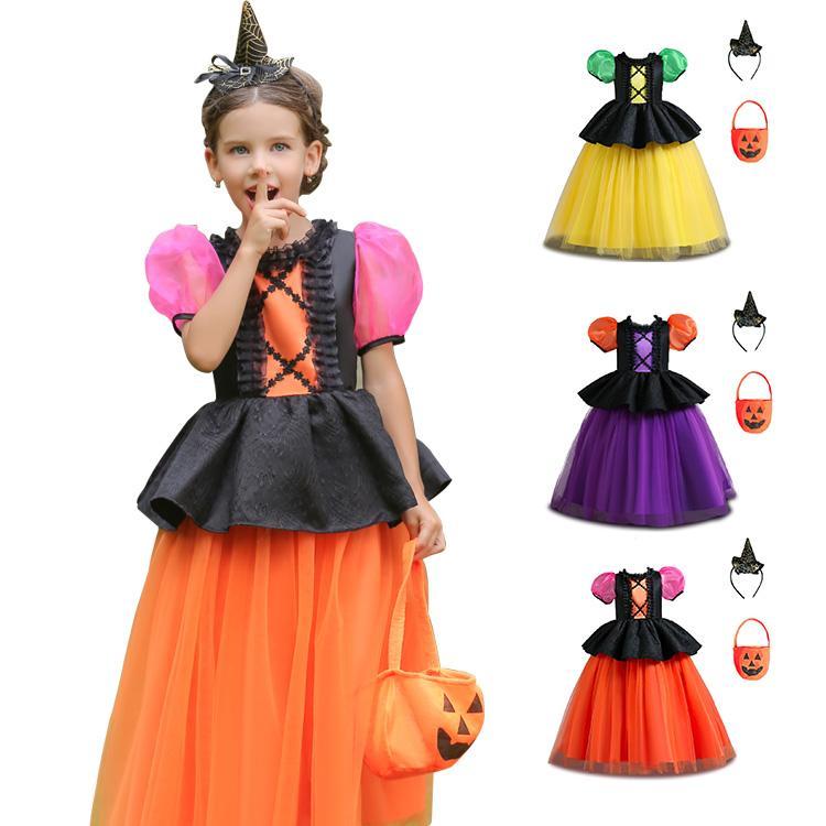 【 最安挑戦】ハロウィンドレス ウイッチ コスチューム キッズ用 ワンピース 帽子 かぼちゃバッグ 3点セット 子供 女子 半 袖 コスプレ衣装 パーティー
