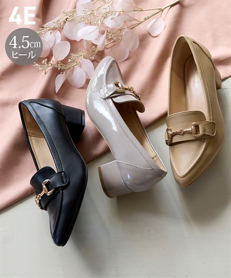 ラウンドトゥ ゆったり幅広 ビット付ポインテッドトゥローファーパンプス ワイズ４E