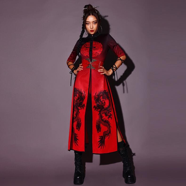 団体服 チャイナドレス 舞台衣装 jazz チャイナ娘 龍柄 中華風ダンス衣装 ダンスセット 練習着 グラデーションカラー イベント ジャズダンス衣装 ステージ舞台演出服 キャバドレス チーム衣装 ダ